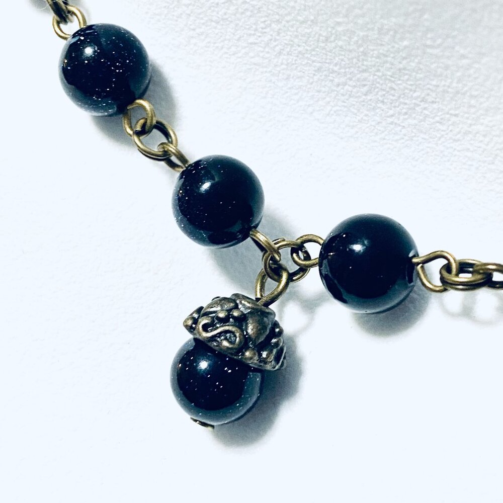 Dark Blue Goldstone Bronze Link Adjustable Short Necklace w/ Cute Acorn Pendant